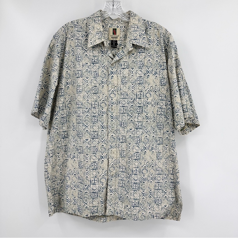 Tori Richard Honolulu Vintage Hawaiian Short Sleeve Shirt Ivory Blue Size XL